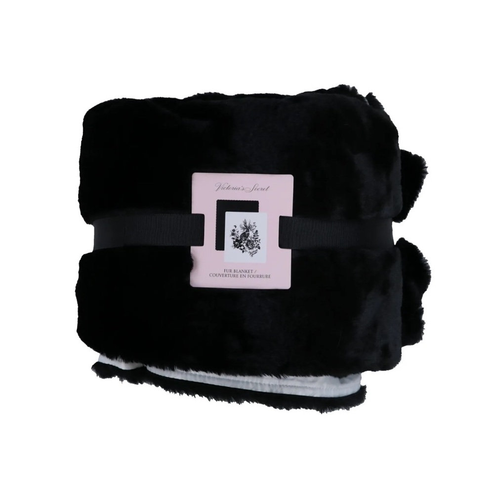 Victoria's Secret Blanket Throw Cozy Cover Faux Fur Graphic Logo Black 50x60 New